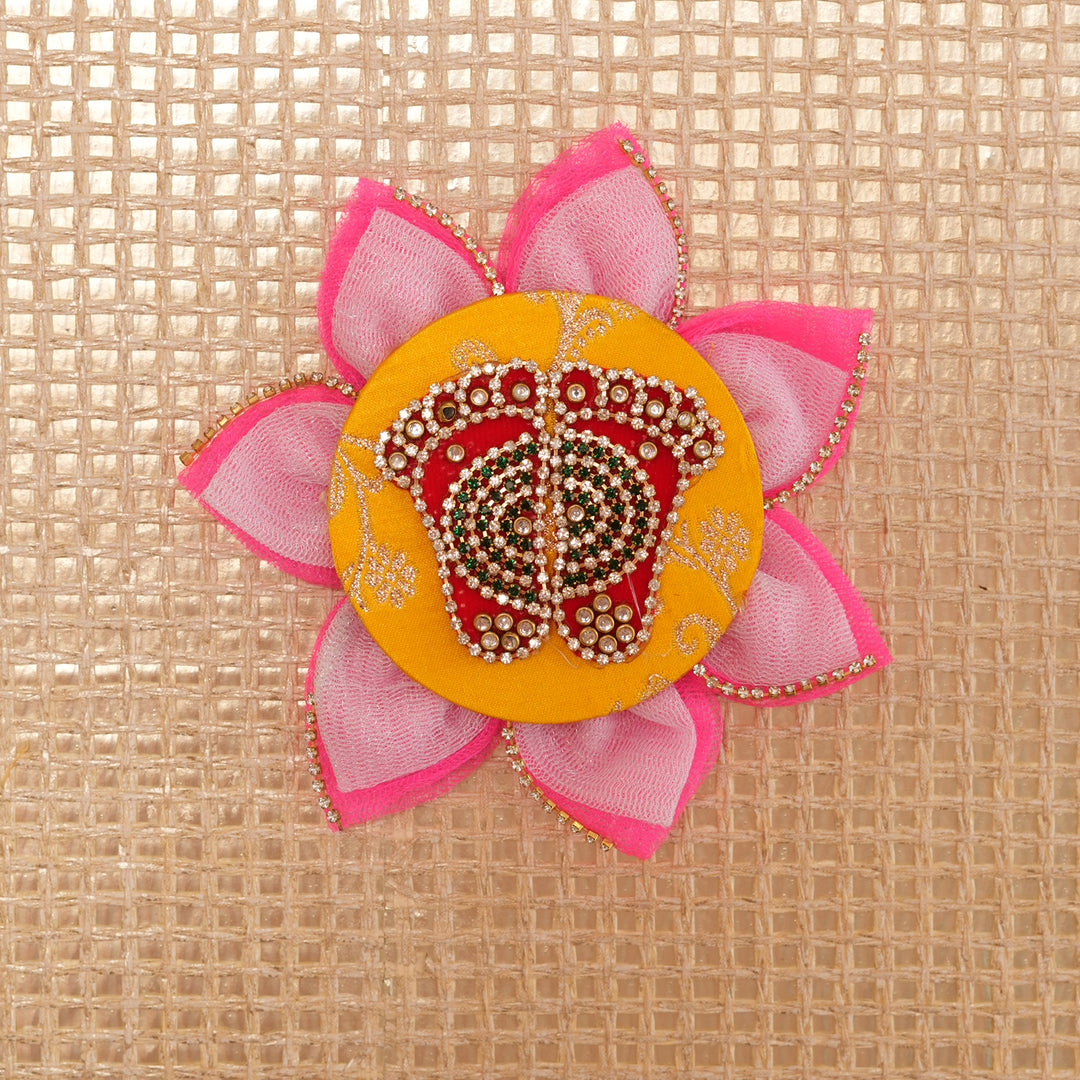 Yellow Base Lotus Lakshmi Charan Paduka for Pooja & Diwali Decoration