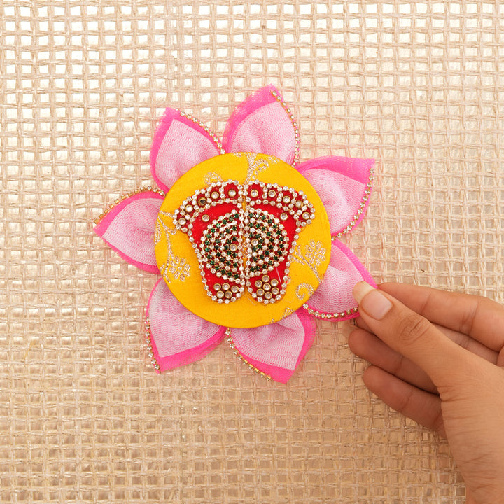 Yellow Base Lotus Lakshmi Charan Paduka for Pooja & Diwali Decoration