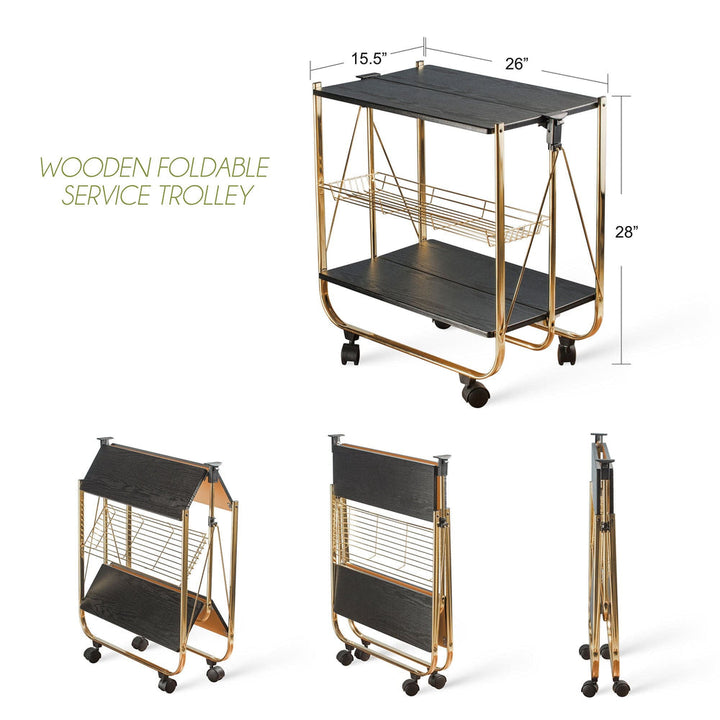 WOODEN FOLDABLE SERVICE TROLLEY WITH METAL FRAME