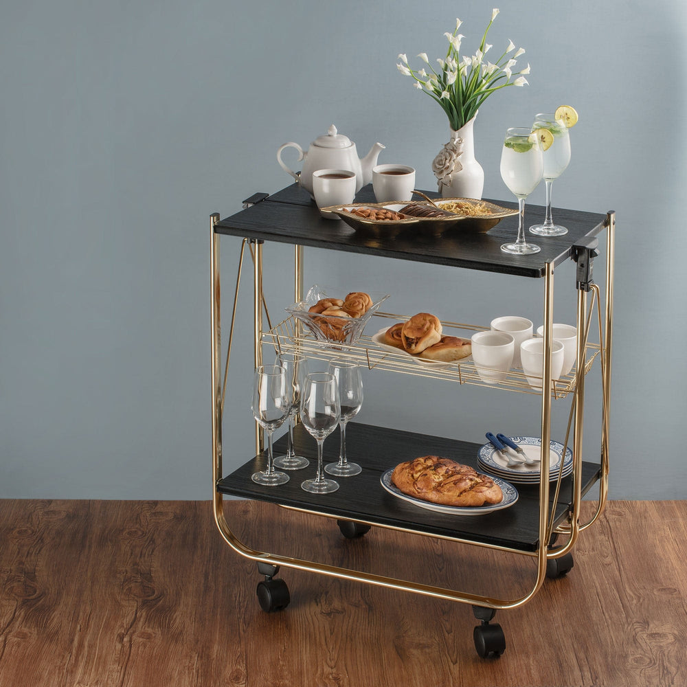 WOODEN FOLDABLE SERVICE TROLLEY WITH METAL FRAME