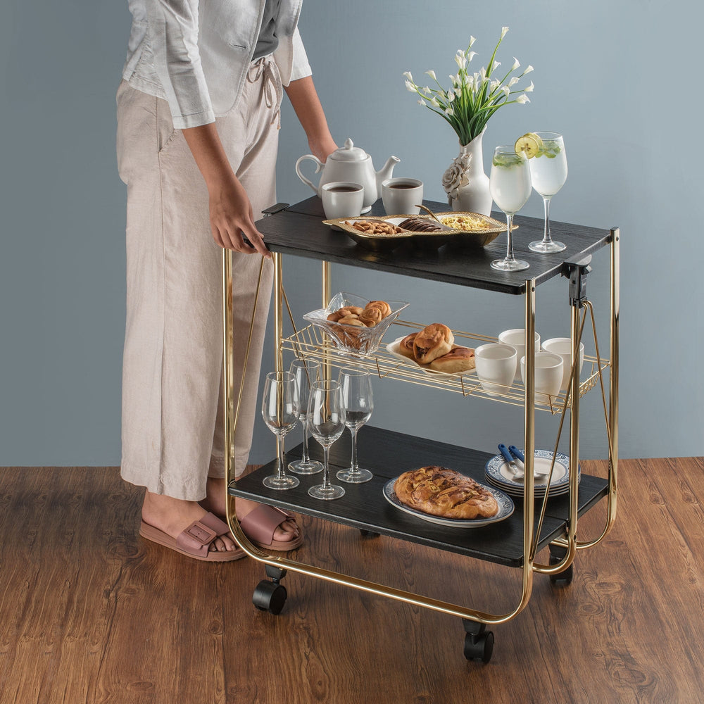 WOODEN FOLDABLE SERVICE TROLLEY WITH METAL FRAME