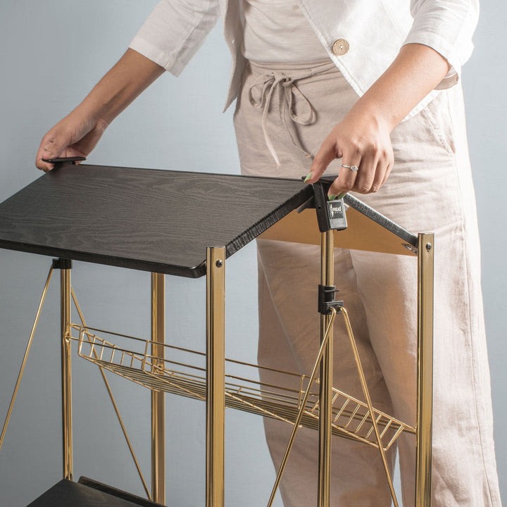 WOODEN FOLDABLE SERVICE TROLLEY WITH METAL FRAME