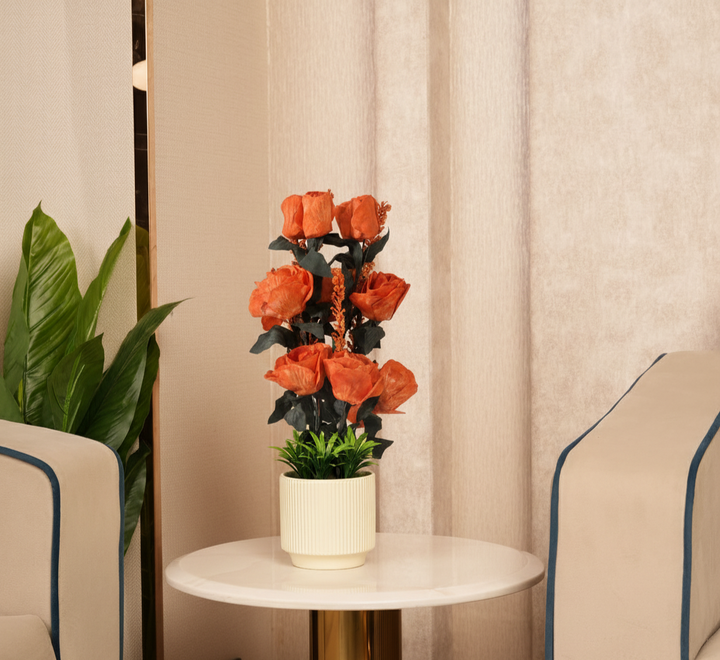 Artificial Orange Roses With Ceramic Pot