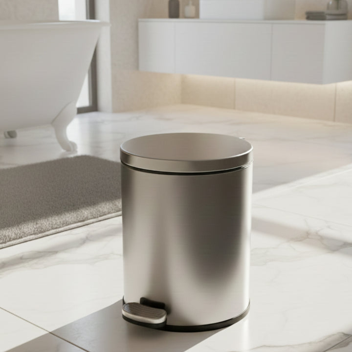 European Silver Stainless Steel Pedal Dustbin - Round Step Trash Can