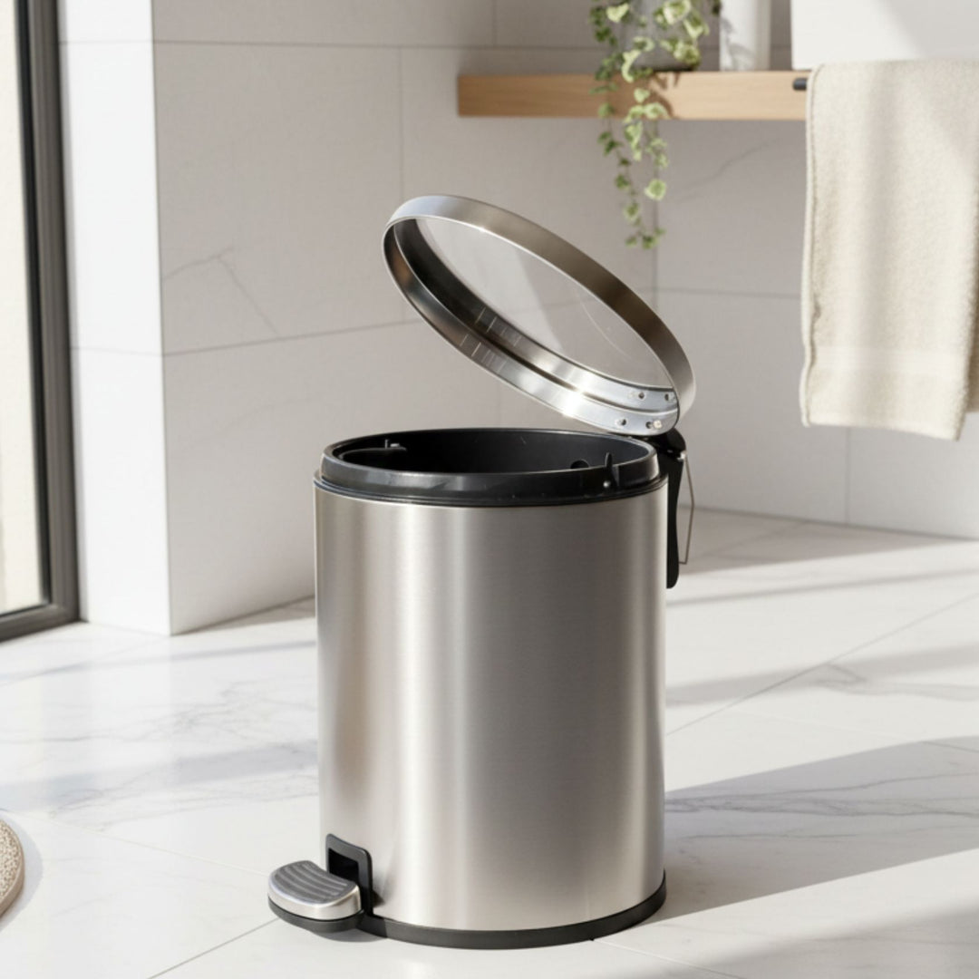 European Silver Stainless Steel Pedal Dustbin - Round Step Trash Can