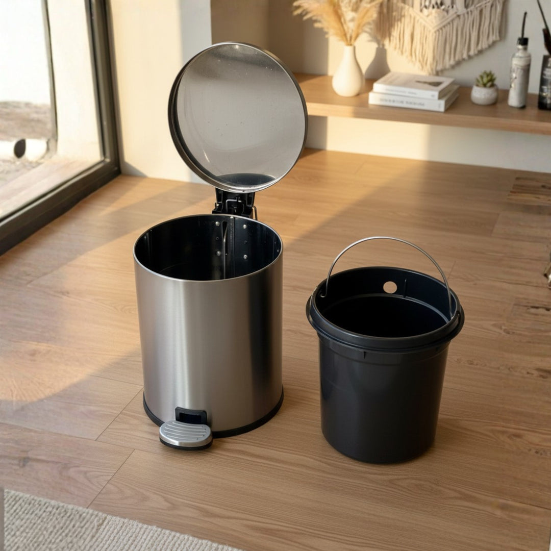 European Silver Stainless Steel Pedal Dustbin - Round Step Trash Can