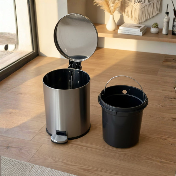 European Silver Stainless Steel Pedal Dustbin - Round Step Trash Can