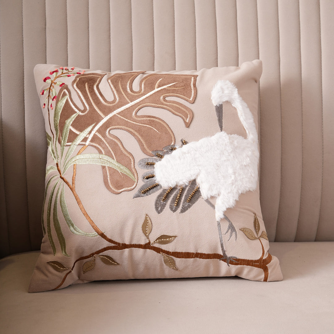 Tropical Crane Embroidered Cushion Cover