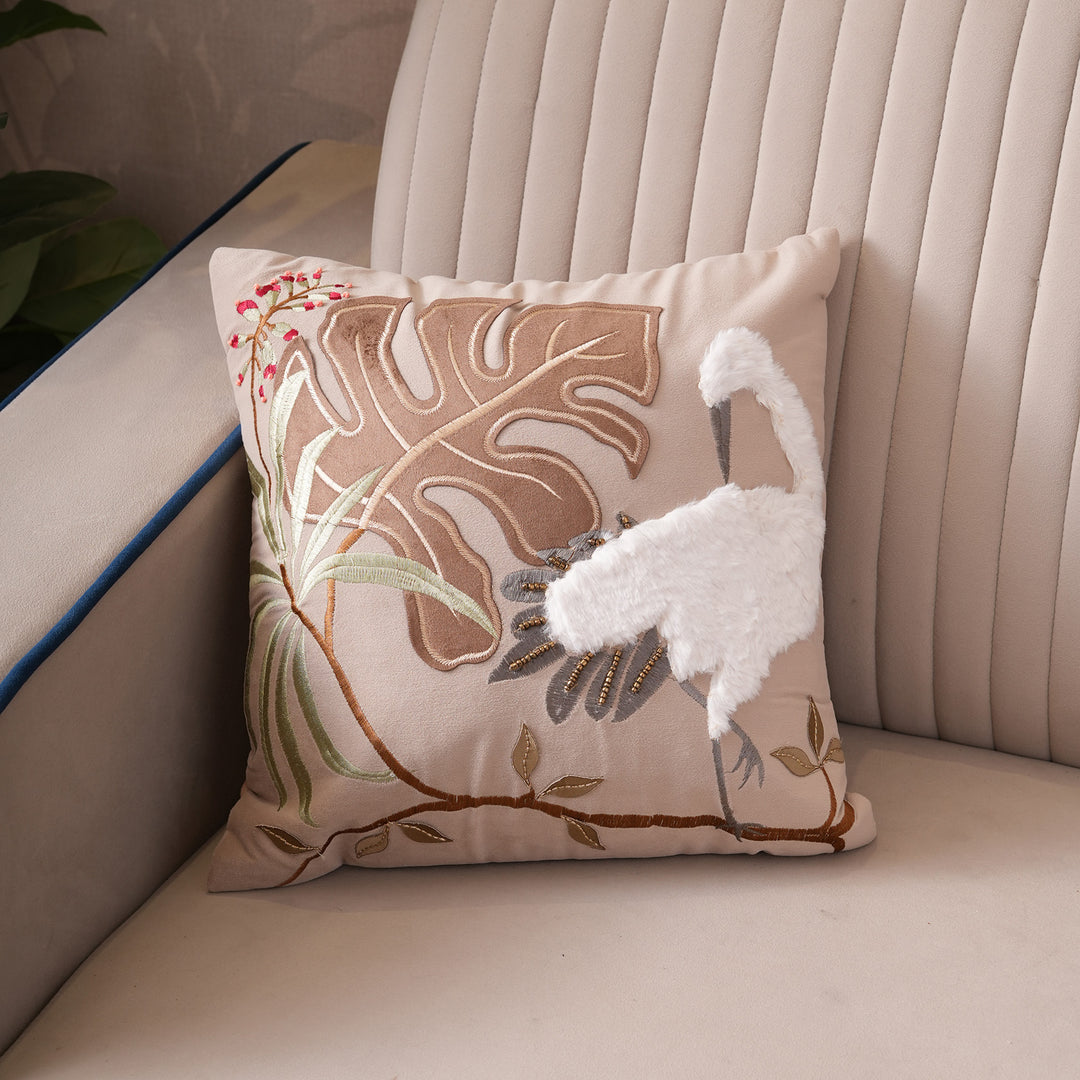 Tropical Crane Embroidered Cushion Cover