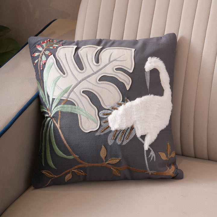 Tropical Crane Embroidered Cushion Cover