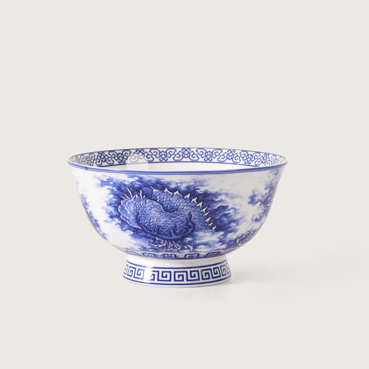 Royal Blue Dragon Print Ceramic Soup/Ramen Bowl - Set of 2