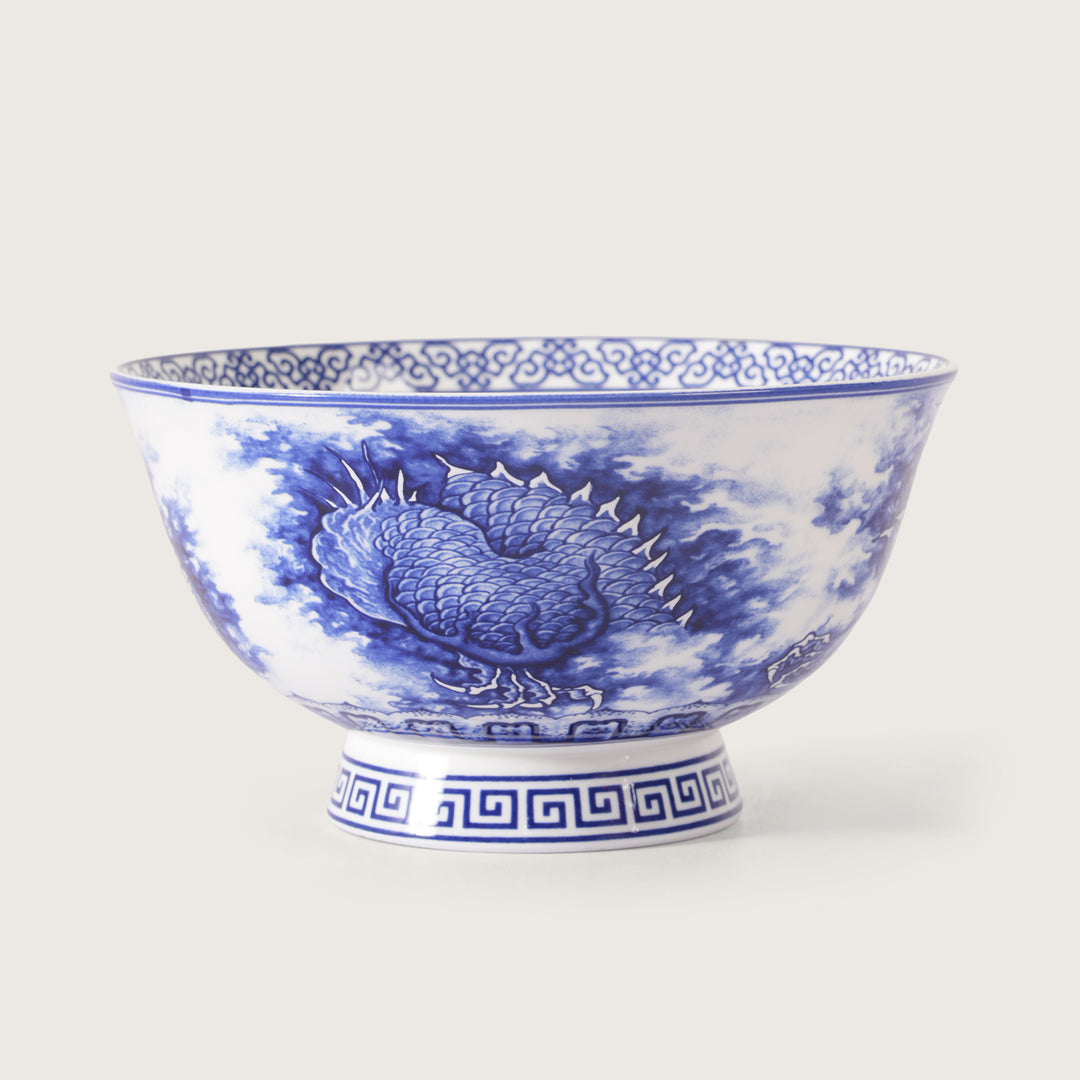 Royal Blue Dragon Print Ceramic Soup/Ramen Bowl - Set of 2