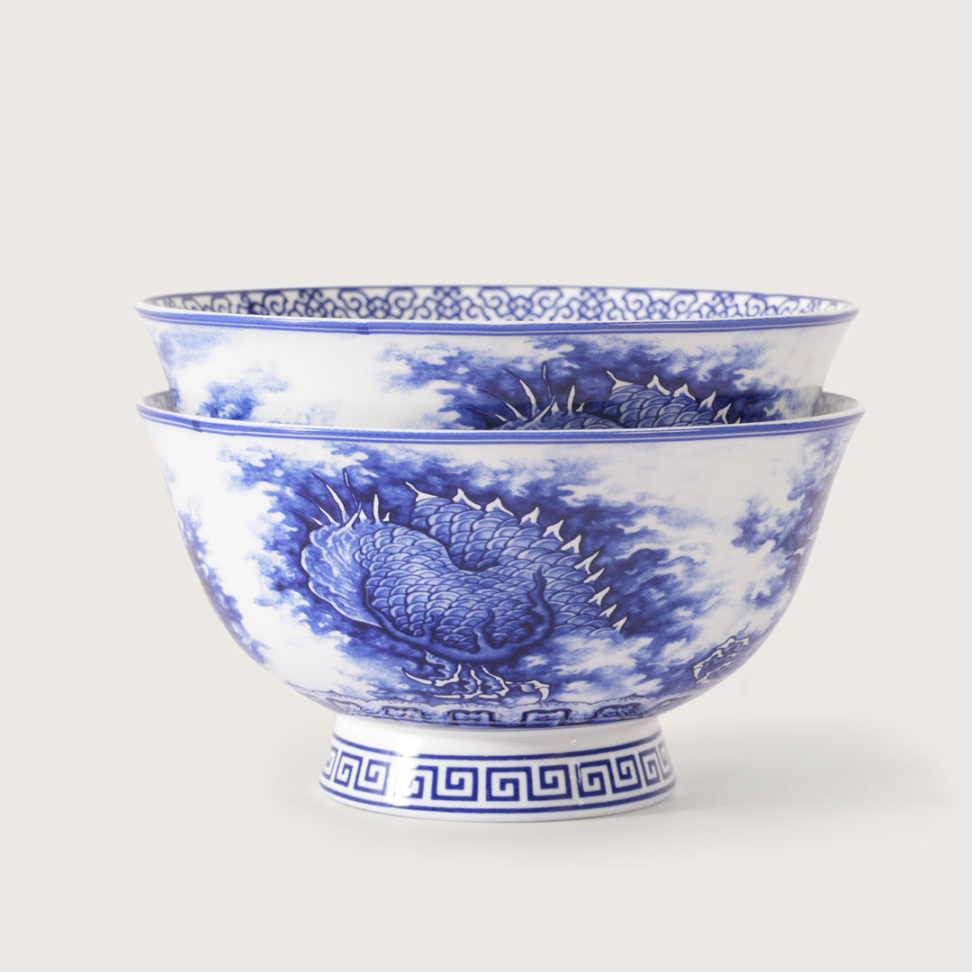 Royal Blue Dragon Print Ceramic Soup/Ramen Bowl - Set of 2