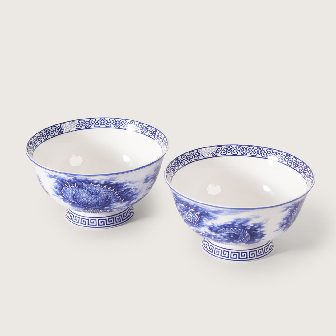 Royal Blue Dragon Print Ceramic Soup/Ramen Bowl - Set of 2