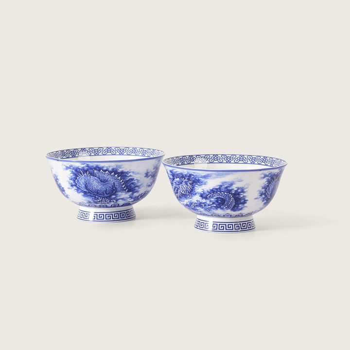 Royal Blue Dragon Print Ceramic Soup/Ramen Bowl - Set of 2
