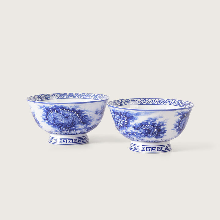 Royal Blue Dragon Print Ceramic Soup/Ramen Bowl - Set of 2