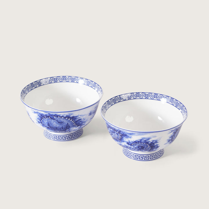 Royal Blue Dragon Print Ceramic Soup/Ramen Bowl - Set of 2