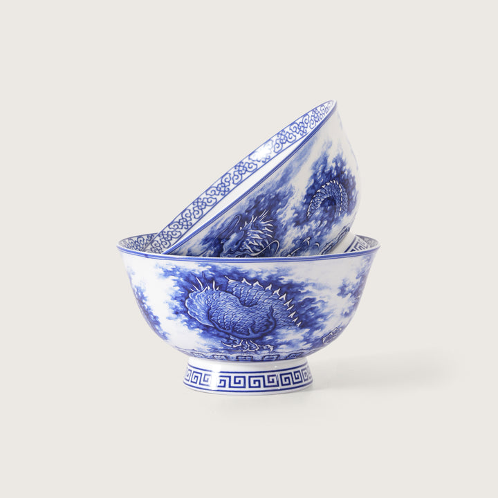 Royal Blue Dragon Print Ceramic Soup/Ramen Bowl - Set of 2
