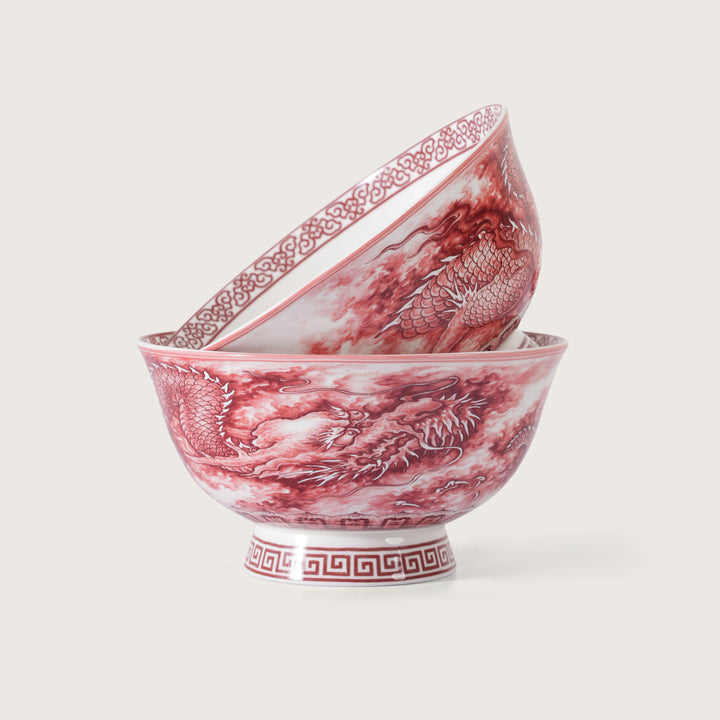 Royal Red Dragon Print Ceramic Soup/Ramen Bowl - Set of 2