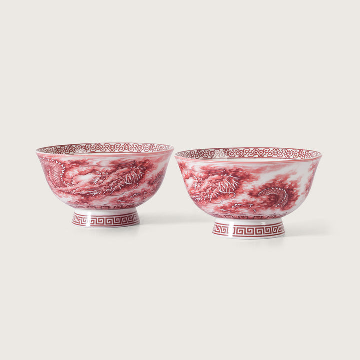 Royal Red Dragon Print Ceramic Soup/Ramen Bowl - Set of 2