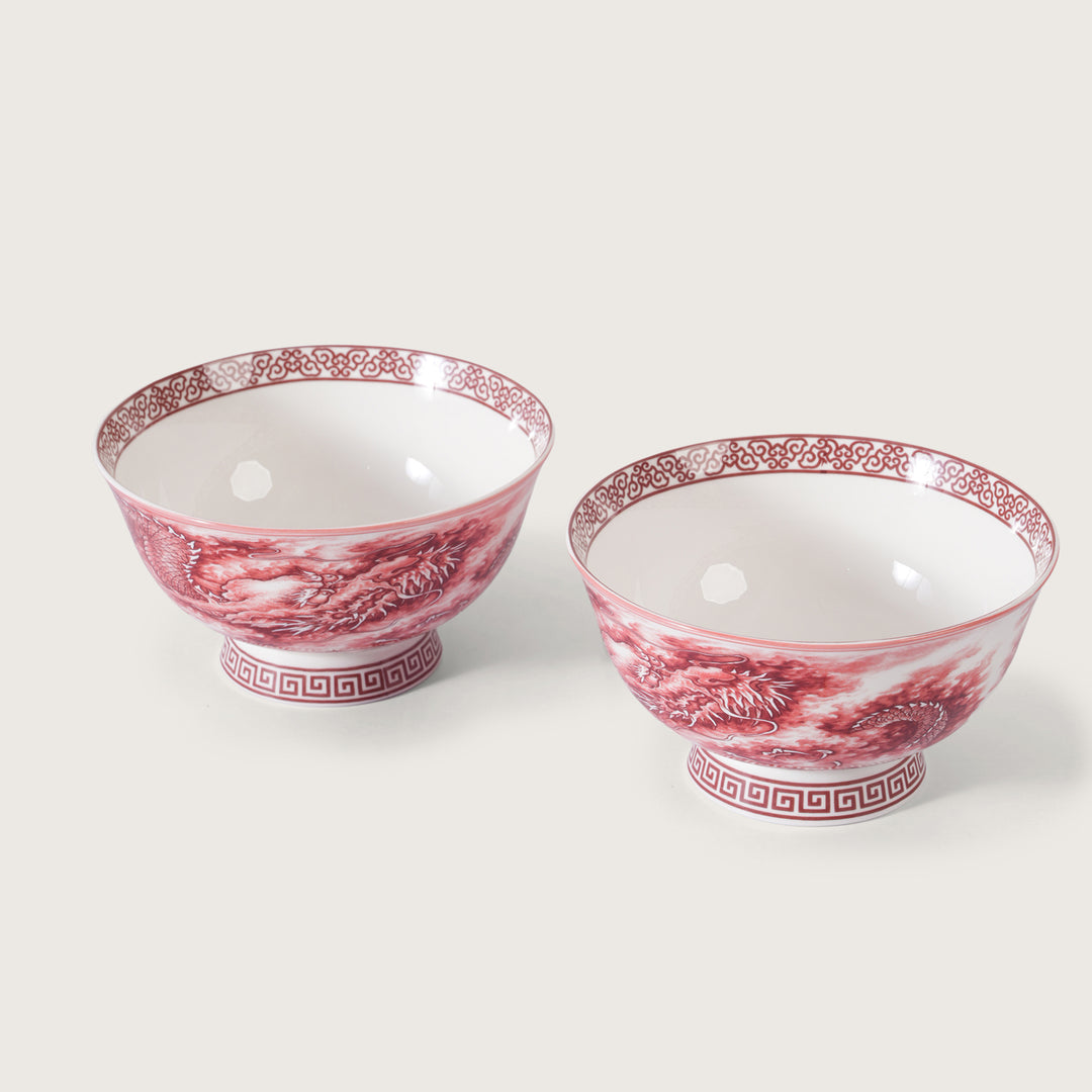 Royal Red Dragon Print Ceramic Soup/Ramen Bowl - Set of 2