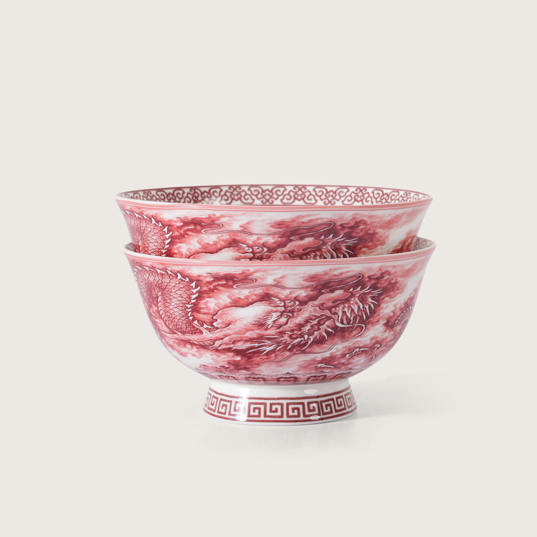 Royal Red Dragon Print Ceramic Soup/Ramen Bowl - Set of 2