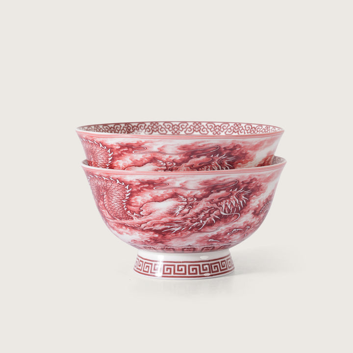 Royal Red Dragon Print Ceramic Soup/Ramen Bowl - Set of 2