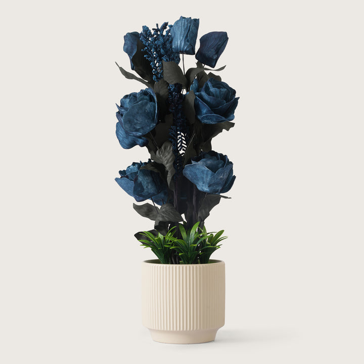 Artificial Dark Blue Roses With Ceramic Pot