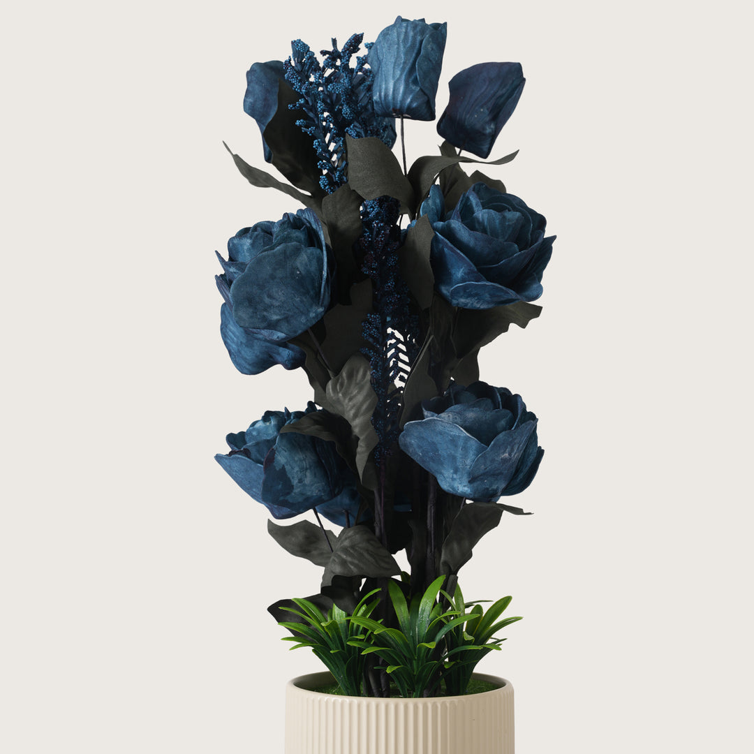 Artificial Dark Blue Roses With Ceramic Pot