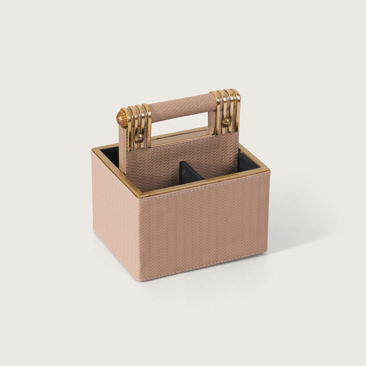 Leather Cutlery Stand with 4 Divider - Beige