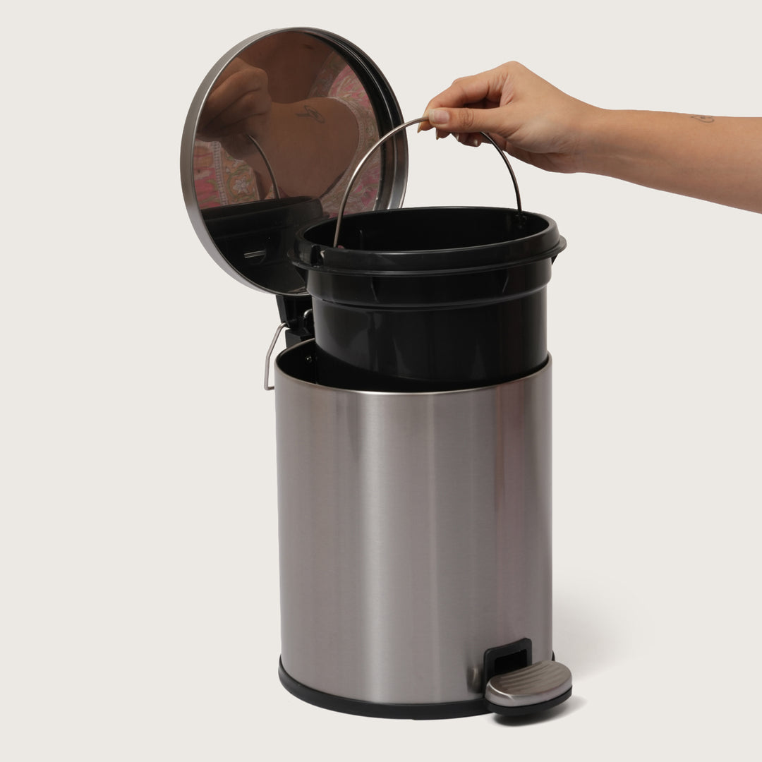 European Silver Stainless Steel Pedal Dustbin - Round Step Trash Can