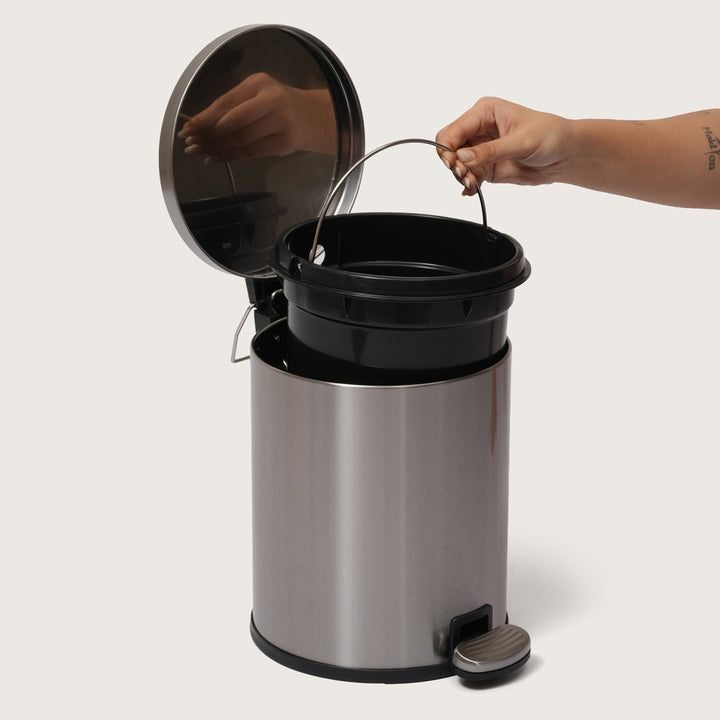 European Silver Stainless Steel Pedal Dustbin - Round Step Trash Can