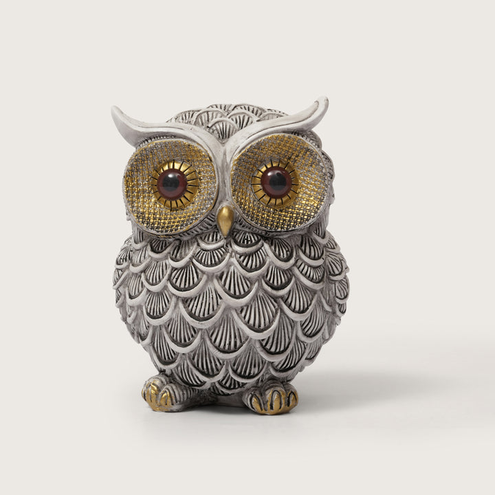 Textured White and Gold Resin Owl Sculpture