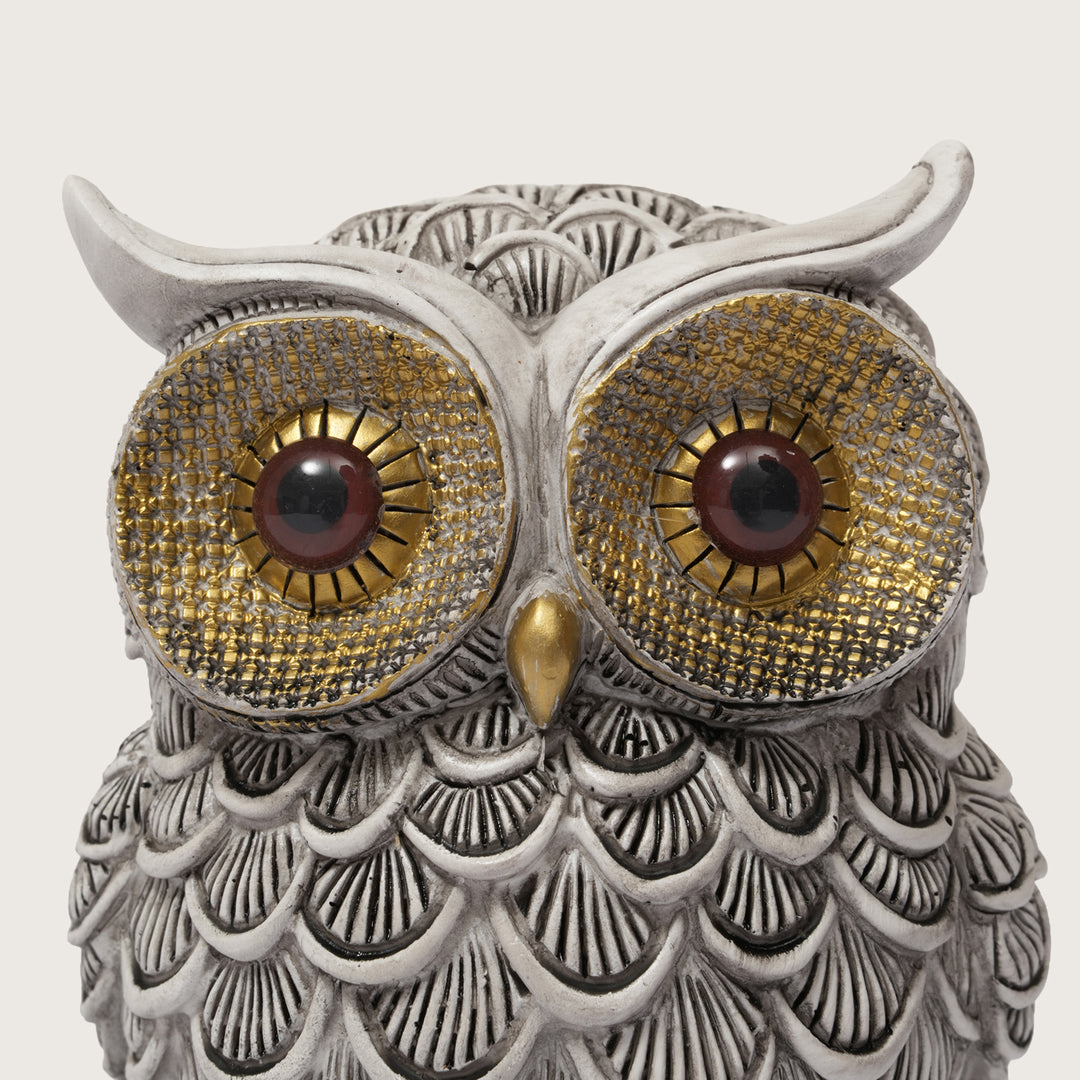 Textured White and Gold Resin Owl Sculpture