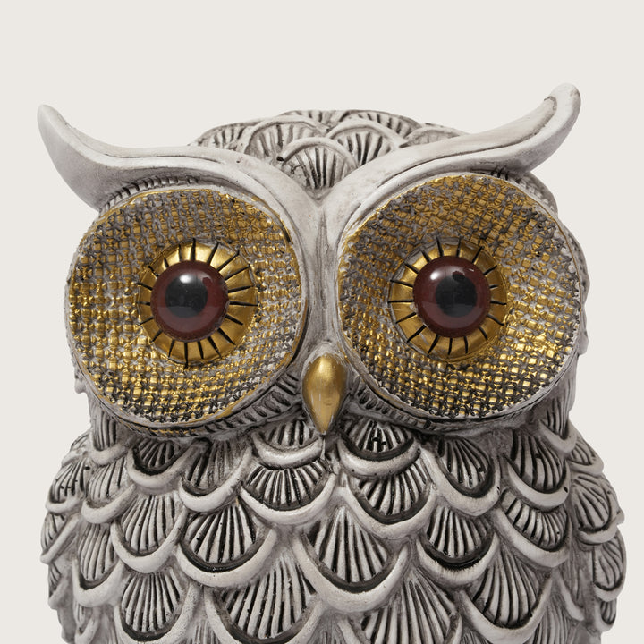Textured White and Gold Resin Owl Sculpture