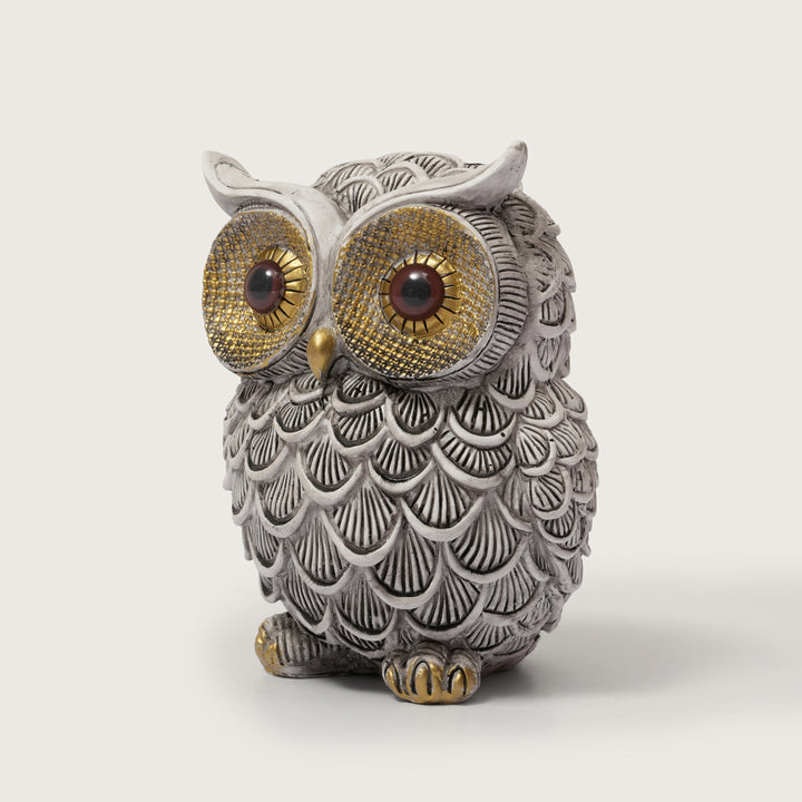 Textured White and Gold Resin Owl Sculpture