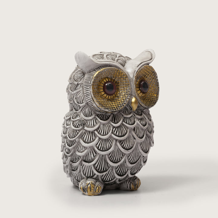 Textured White and Gold Resin Owl Sculpture