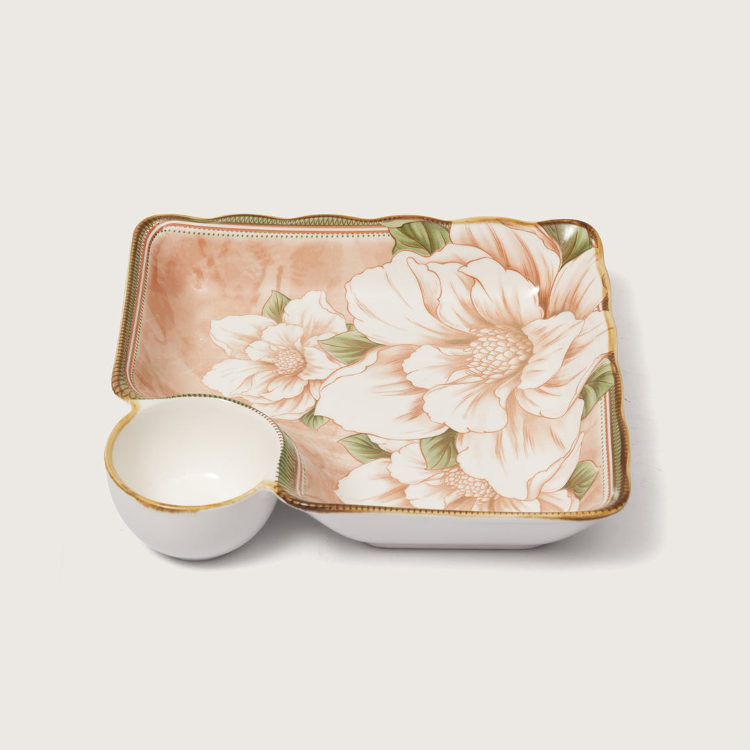 Scalloped Edge Floral Print Snack Tray with Dip Bowl