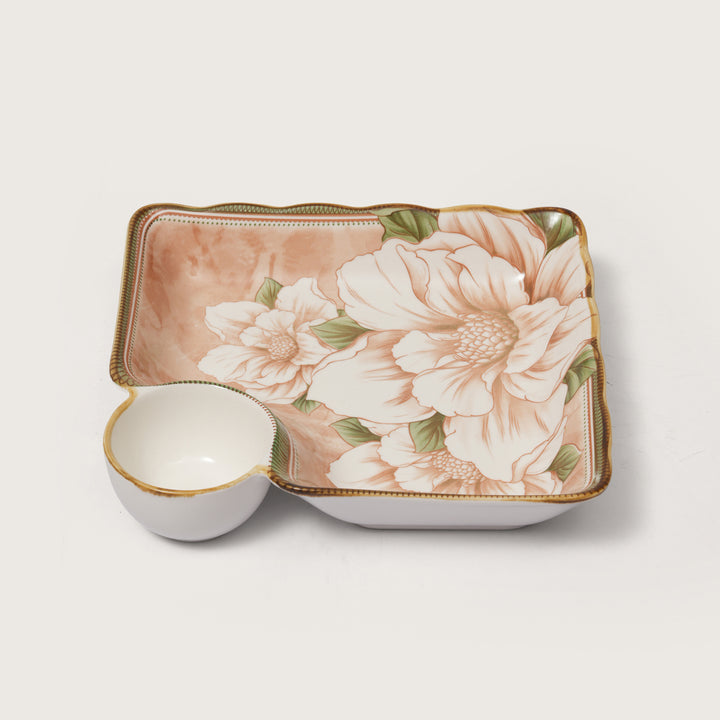 Scalloped Edge Floral Print Snack Tray with Dip Bowl