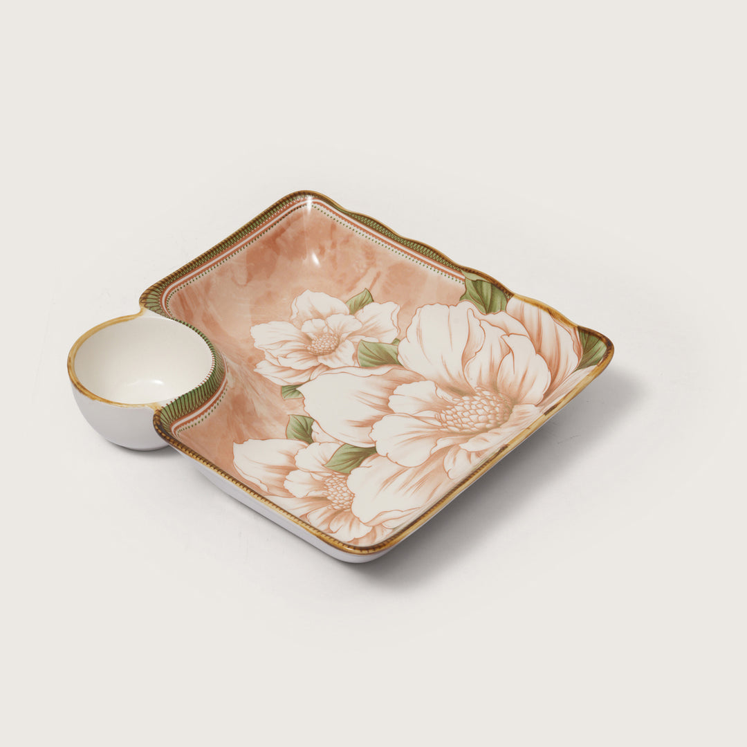 Scalloped Edge Floral Print Snack Tray with Dip Bowl