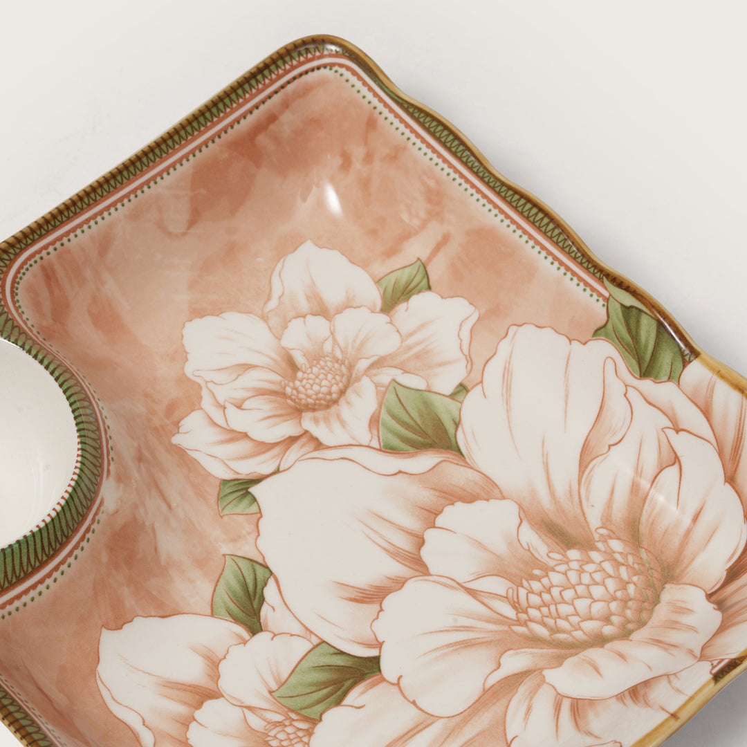 Scalloped Edge Floral Print Snack Tray with Dip Bowl