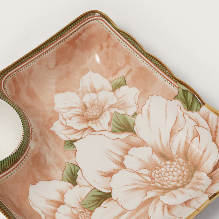 Scalloped Edge Floral Print Snack Tray with Dip Bowl