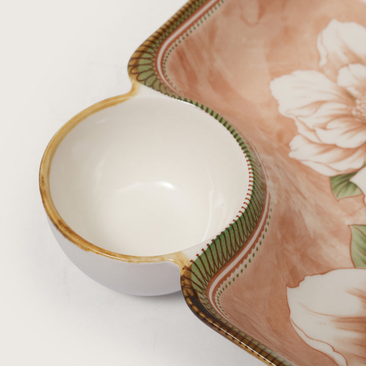 Scalloped Edge Floral Print Snack Tray with Dip Bowl