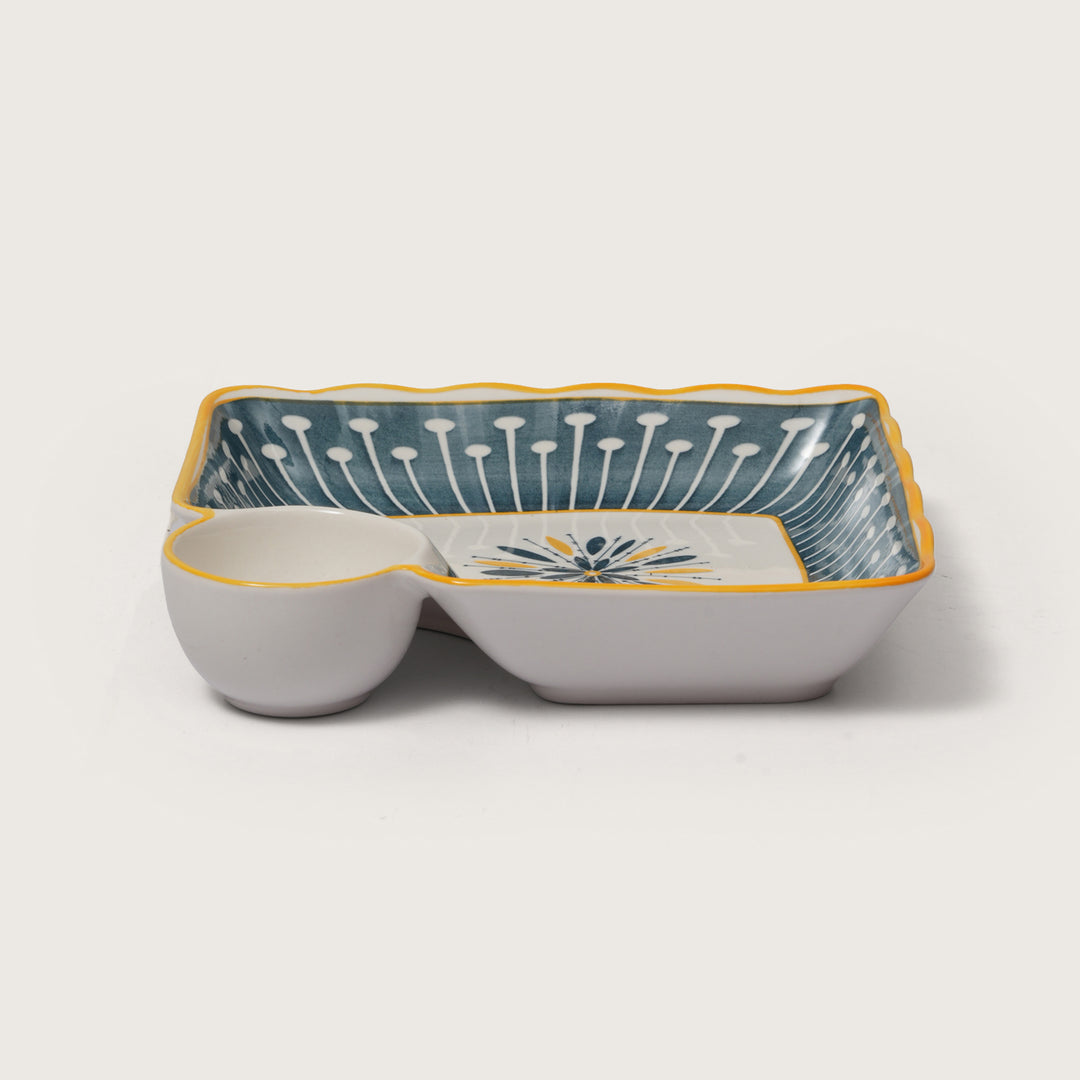 Navy & Yellow Scalloped Edge Snack Platter with Dip Bowl