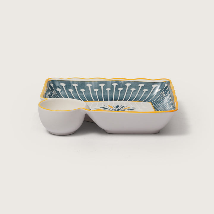 Navy & Yellow Scalloped Edge Snack Platter with Dip Bowl