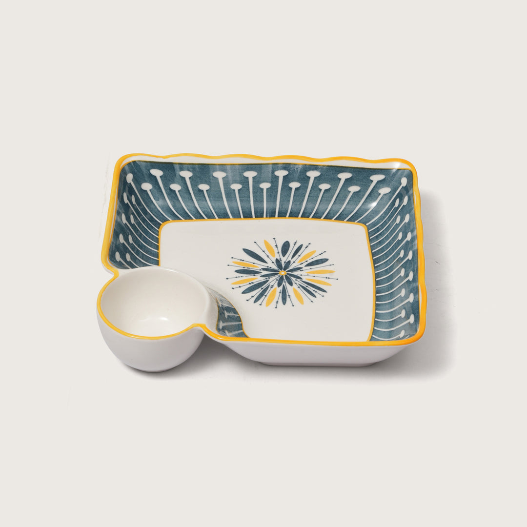 Navy & Yellow Scalloped Edge Snack Platter with Dip Bowl