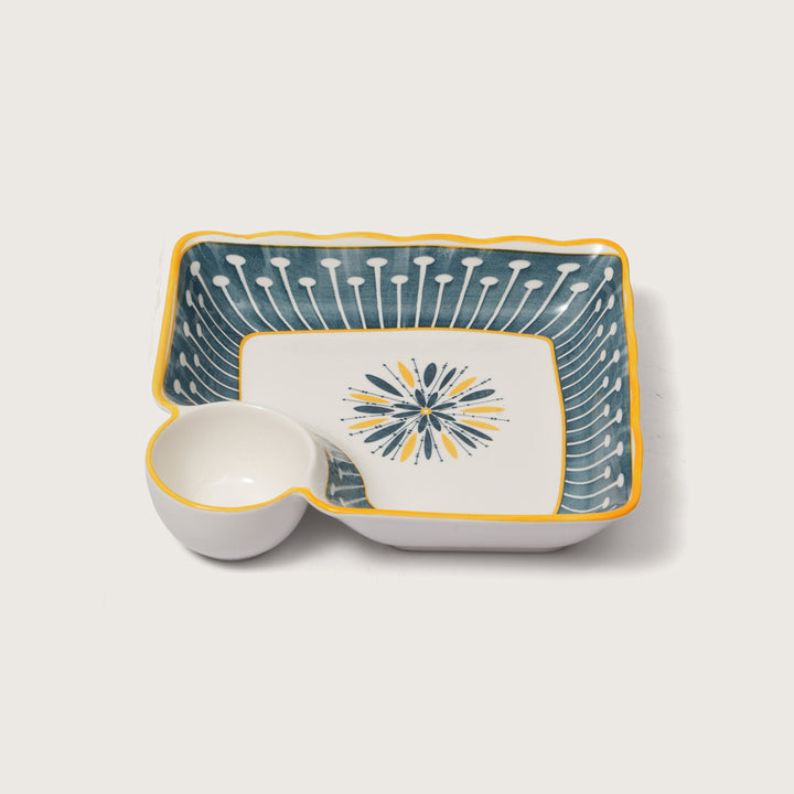 Navy & Yellow Scalloped Edge Snack Platter with Dip Bowl
