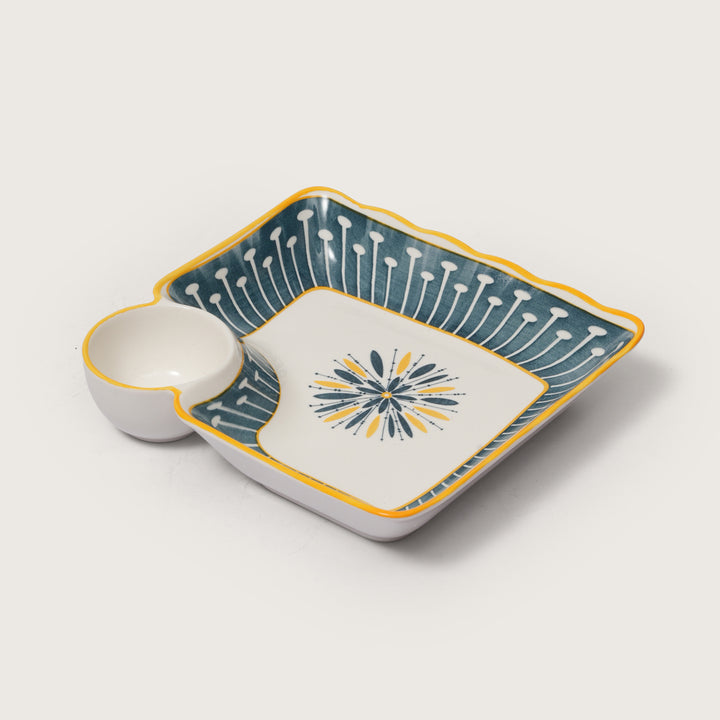 Navy & Yellow Scalloped Edge Snack Platter with Dip Bowl