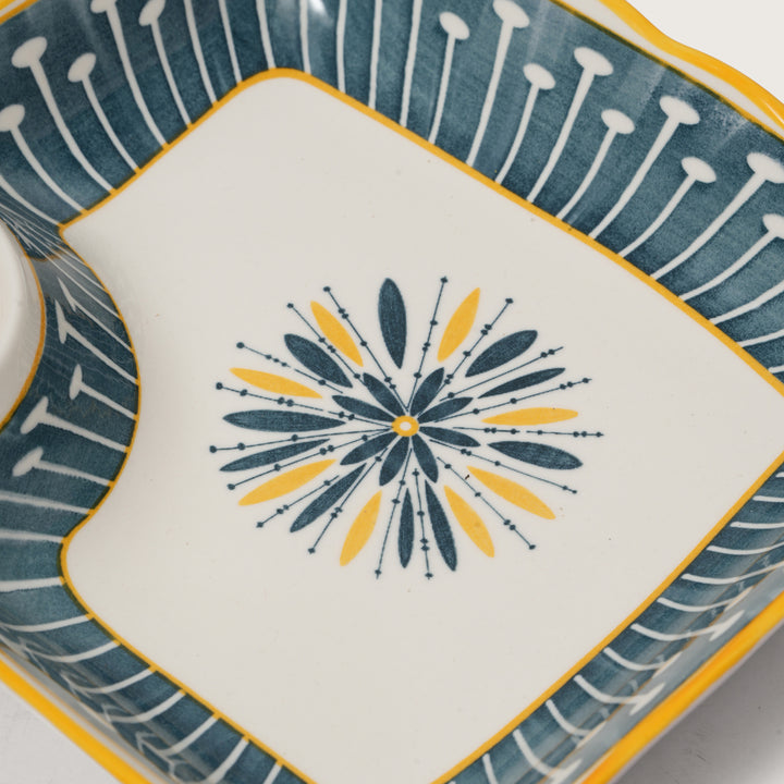 Navy & Yellow Scalloped Edge Snack Platter with Dip Bowl