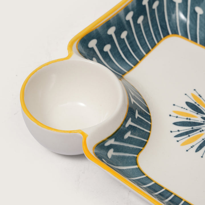 Navy & Yellow Scalloped Edge Snack Platter with Dip Bowl
